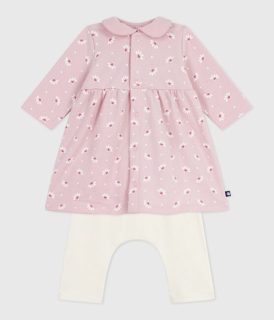 Babies' dress with a collar, printed with hearts and flowers, and leggings in cotton JOLI pink/MULTICO white