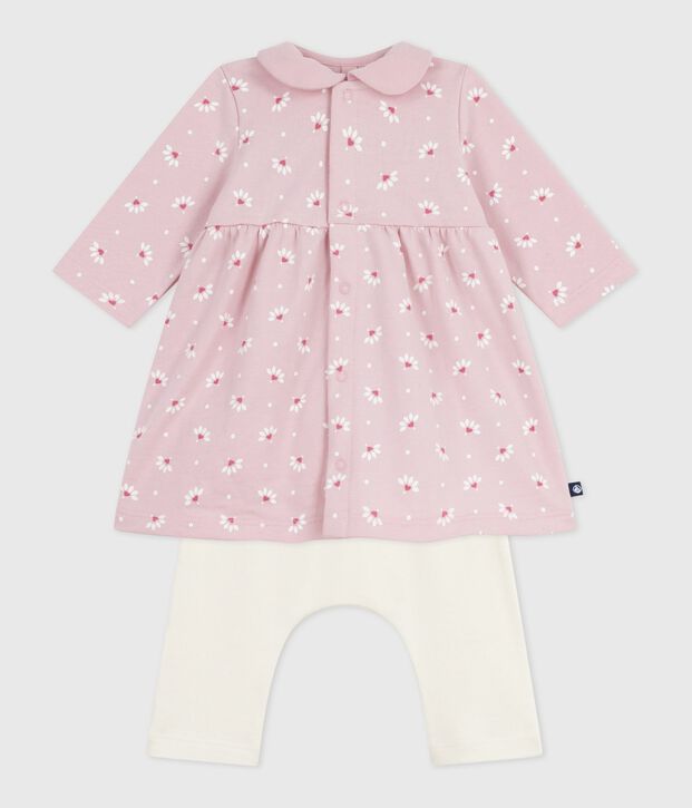 Babies' dress with a collar, printed with hearts and flowers, and leggings in cotton pink/multicolor