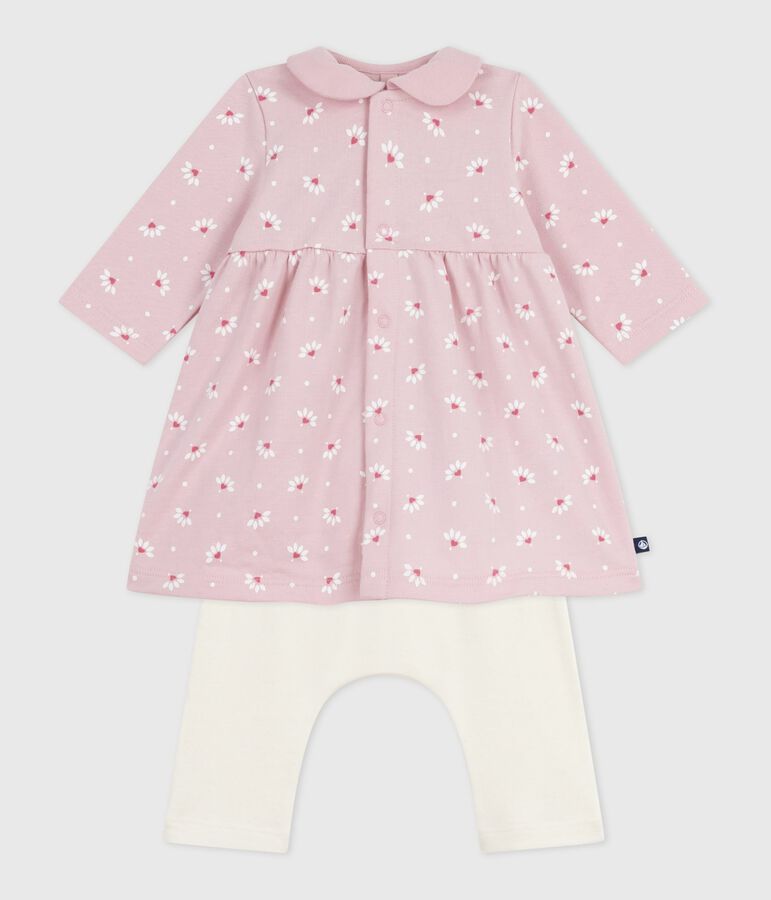 Babies' dress with a collar, printed with hearts and flowers, and leggings in cotton pink/multicolor