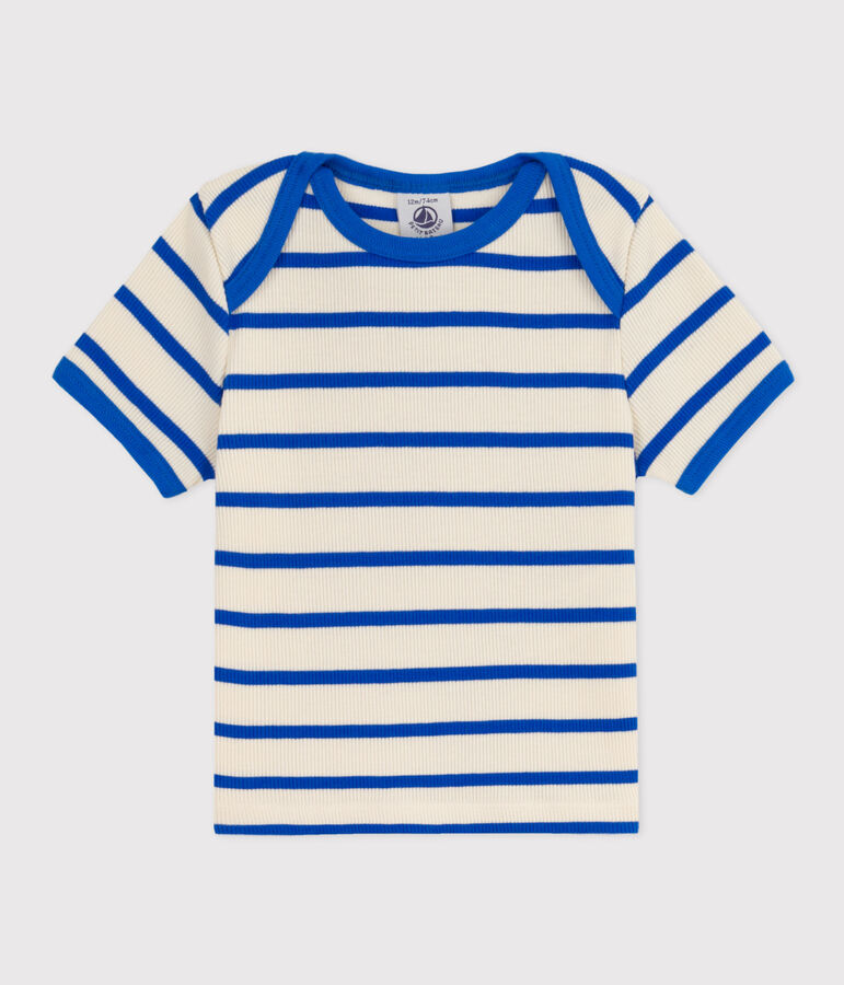 Babies' Stripy Ribbed Short-Sleeved T-Shirt Ecru/blue