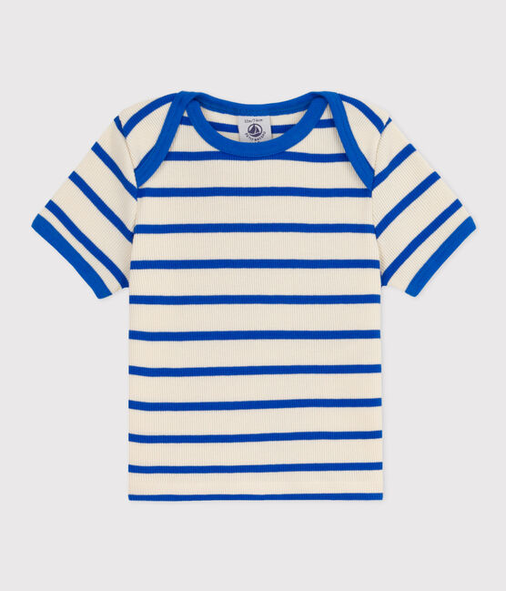Babies' Stripy Ribbed Short-Sleeved T-Shirt AVALANCHE blue/PERSE white