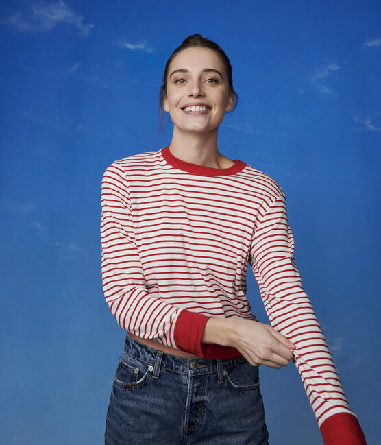 Women's Breton Stripe Cotton T-Shirt MARSHMALLOW white/TERKUIT red