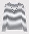 Women's Iconic V-Neck Striped Cotton T-Shirt MARSHMALLOW white/SMOKING blue
