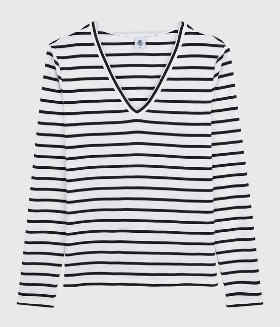 Women's Iconic V-Neck Striped Cotton T-Shirt MARSHMALLOW white/SMOKING blue