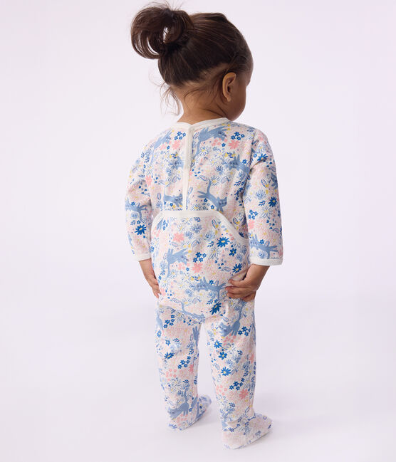 Babies' brushed fleece floral print pyjama suit with a back opening MARSHMALLOW white/MULTICO white