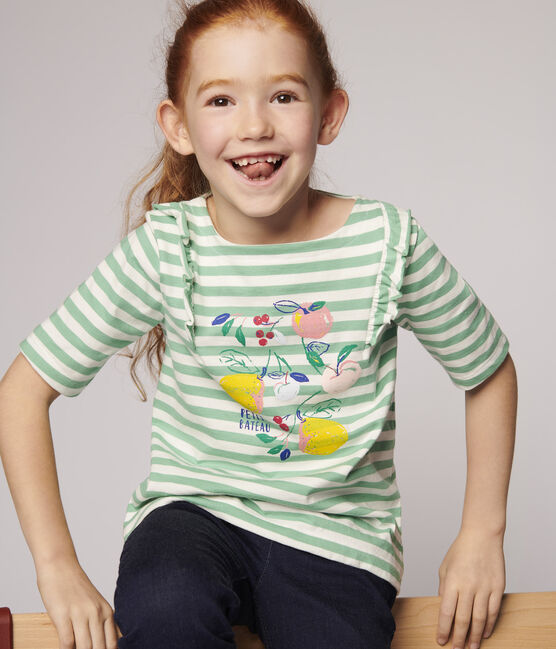 Girls' Short-Sleeved Jersey T-shirt ALOEVERA green/MARSHMALLOW white