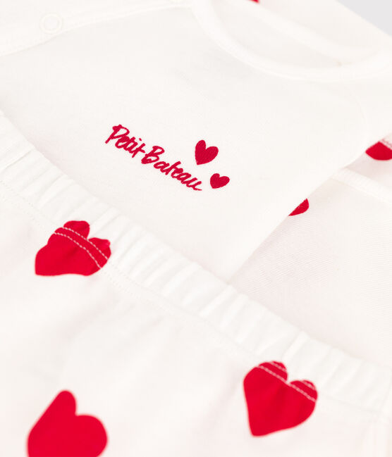Babies' Cotton Heart Themed Clothing - 3-Piece Set MARSHMALLOW white/TERKUIT red