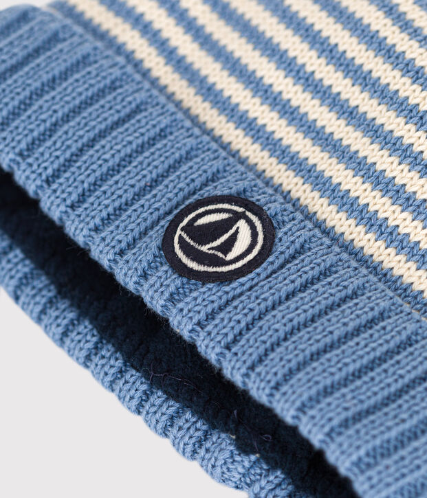 Babies' fleece-lined knitted hat blue/ecru