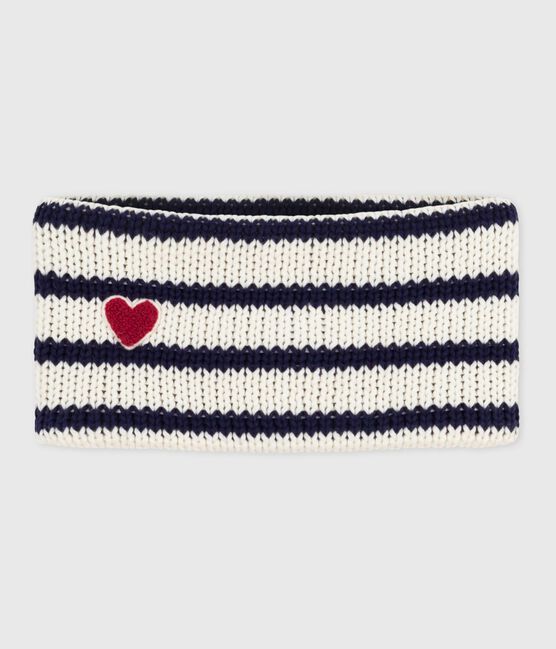 Babies' stripy fleece-lined knitted snood MARSHMALLOW blue/SOIR