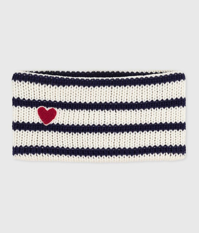 Babies' stripy fleece-lined knitted snood white/blue