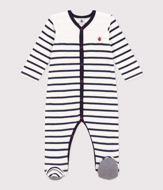 Babies' Stripy Velour Pyjamas MARSHMALLOW white/SMOKING blue