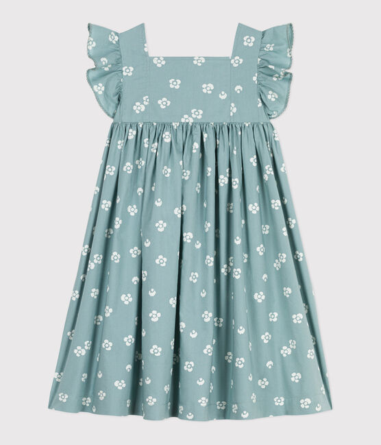 Children's long, sleeveless floral cotton dress PAUL blue/MARSHMALLOW white