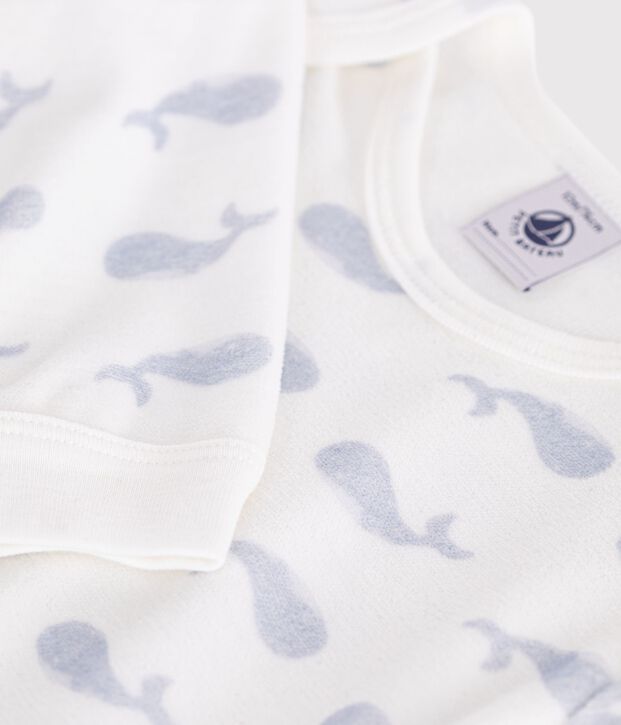 Babies' whale-print velour popper-free pyjamas white/blue