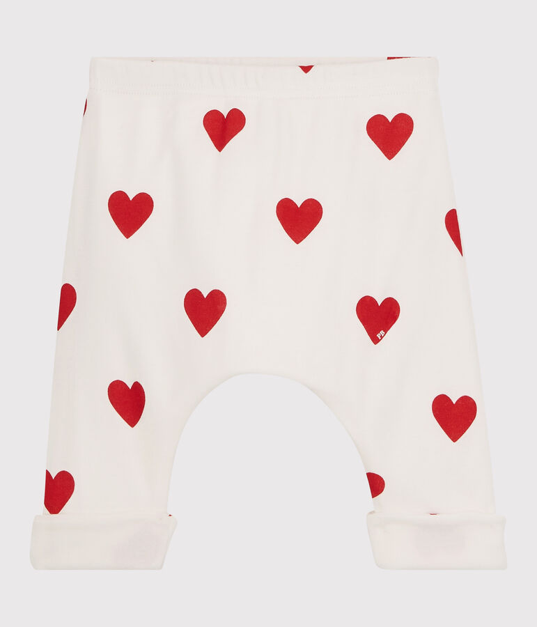 Babies' Red Heart Patterned Organic Cotton Trousers MARSHMALLOW white/TERKUIT red