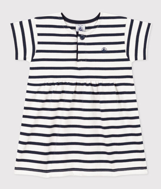 Babies' Striped Short-Sleeved Thick Jersey Dress MARSHMALLOW white/SMOKING blue