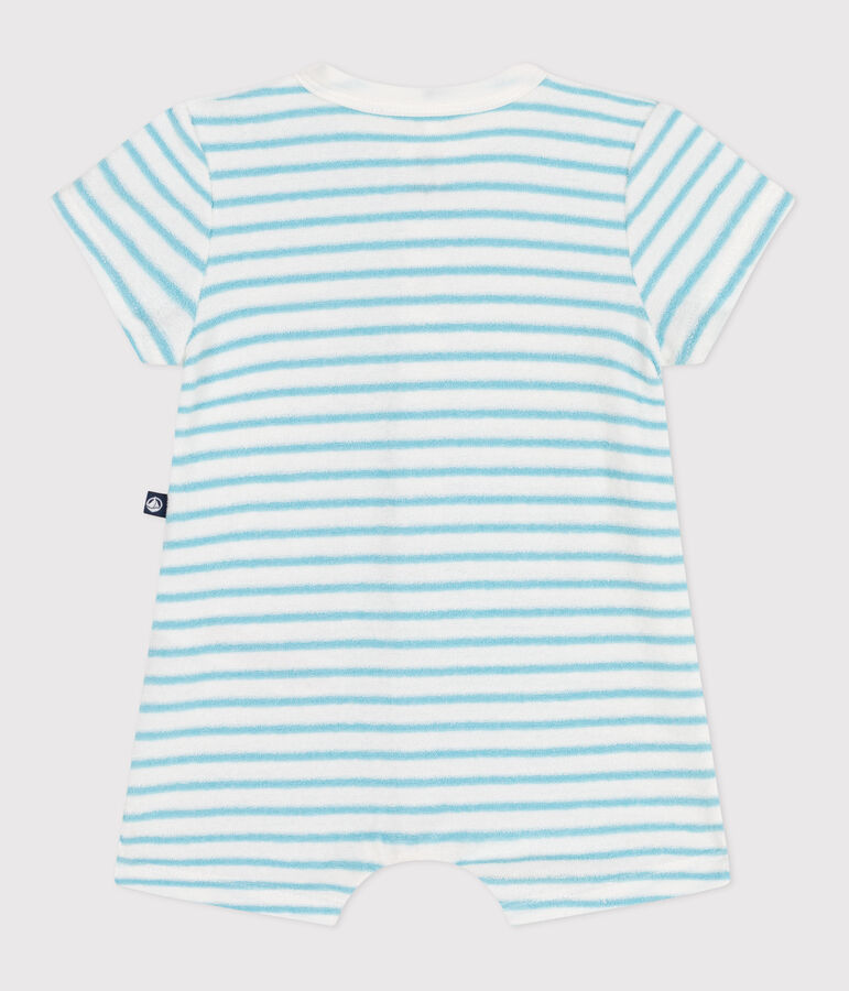 Babies' stripy cotton terry playsuit MARSHMALLOW blue/AQUATIC