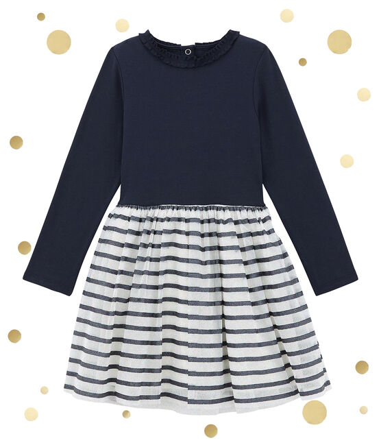 Girl's shiny dual fabric dress MARSHMALLOW white/SMOKING BRILLANT blue