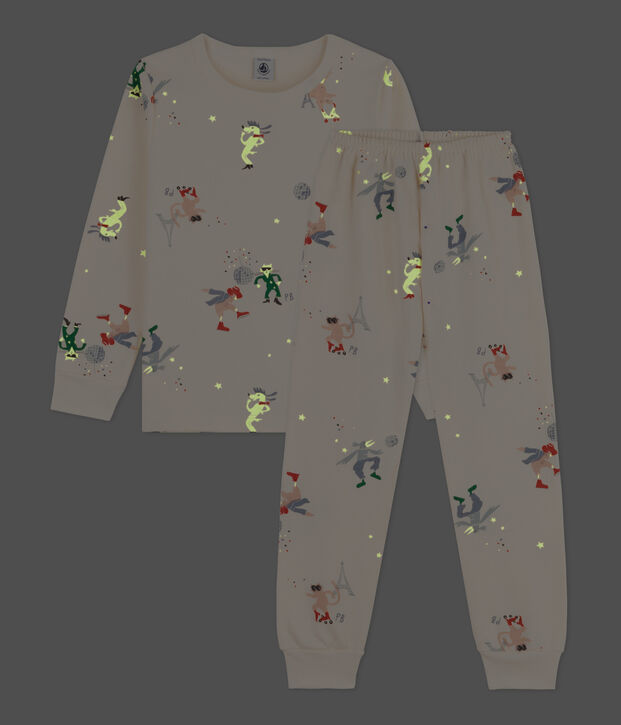 Children's Unisex Glow in the Dark Fleece Pyjamas Ecru/multicolor