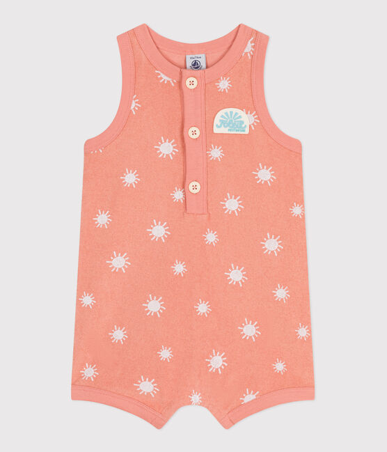 Babies' sleeveless cotton terry playsuit with a sunshine print ABRICOT orange/MARSHMALLOW