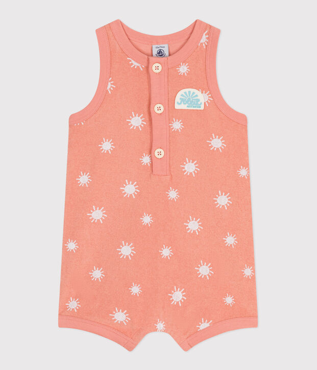 Babies' sleeveless cotton terry playsuit with a sunshine print orange/white