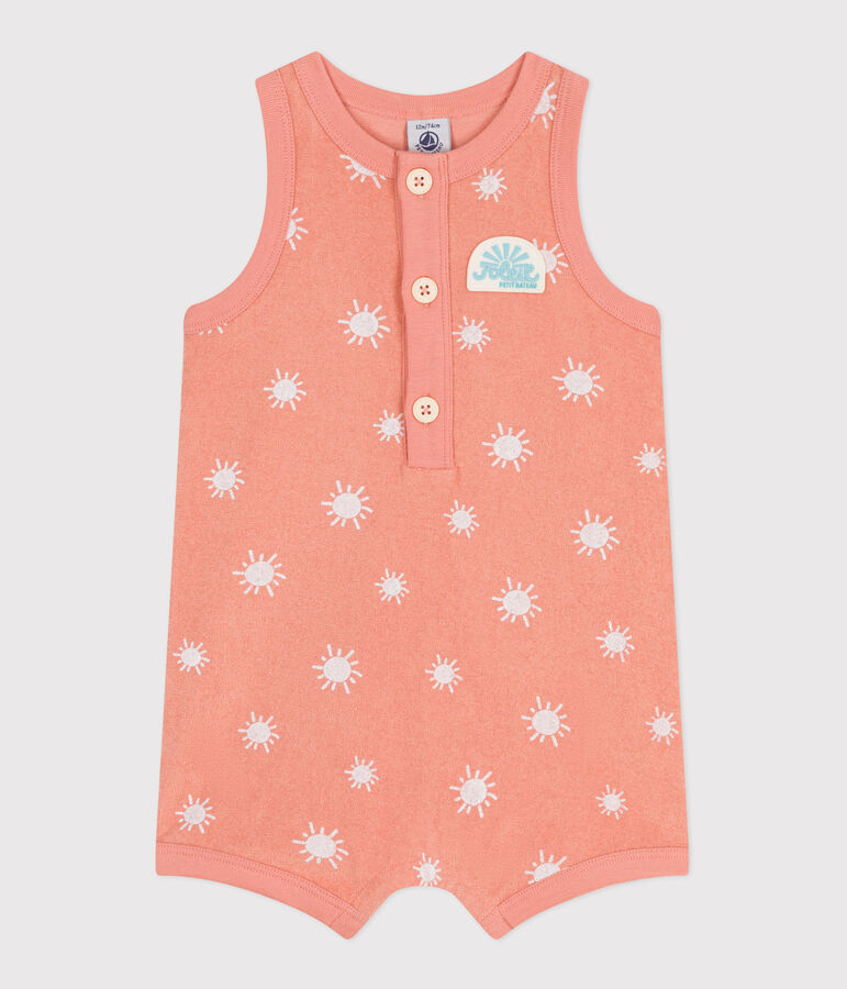 Babies' sleeveless cotton terry playsuit with a sunshine print orange/white
