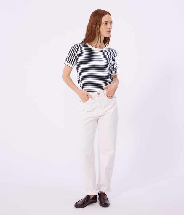 Women's short-sleeved stripy cotton T-shirt blue/white