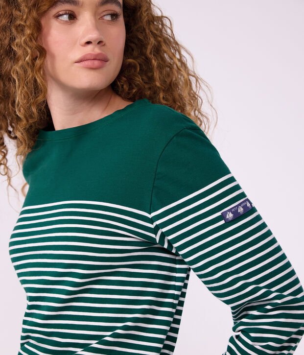 Women's cotton Breton T-shirt top green/white