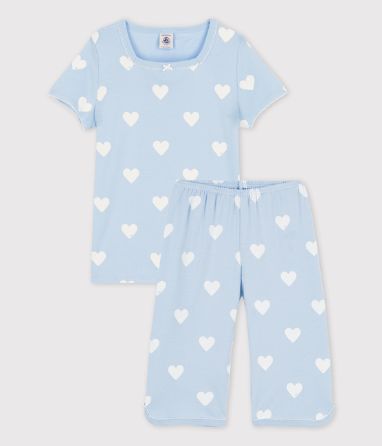 Girls' Blue Heart Pattern Organic Cotton Short Pyjamas JASMIN blue/MARSHMALLOW white
