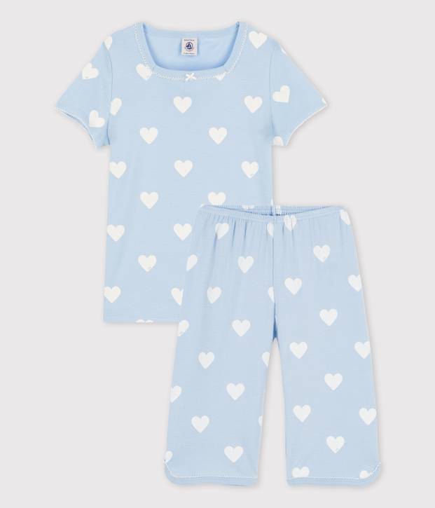 Girls' Blue Heart Pattern Organic Cotton Short Pyjamas blue/white