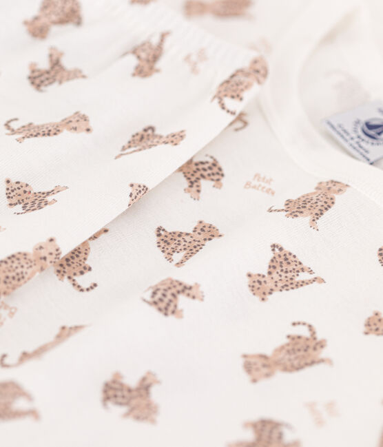 Children's unisex short-sleeved leopard print cotton pyjamas MARSHMALLOW white/MULTICO white