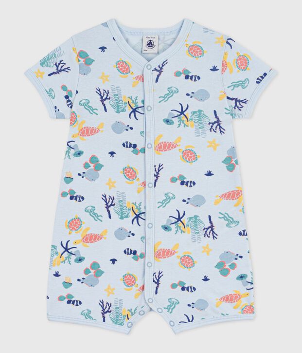Babies' short cotton jumpsuit with a glow-in-the-dark marine print blue/multicolor