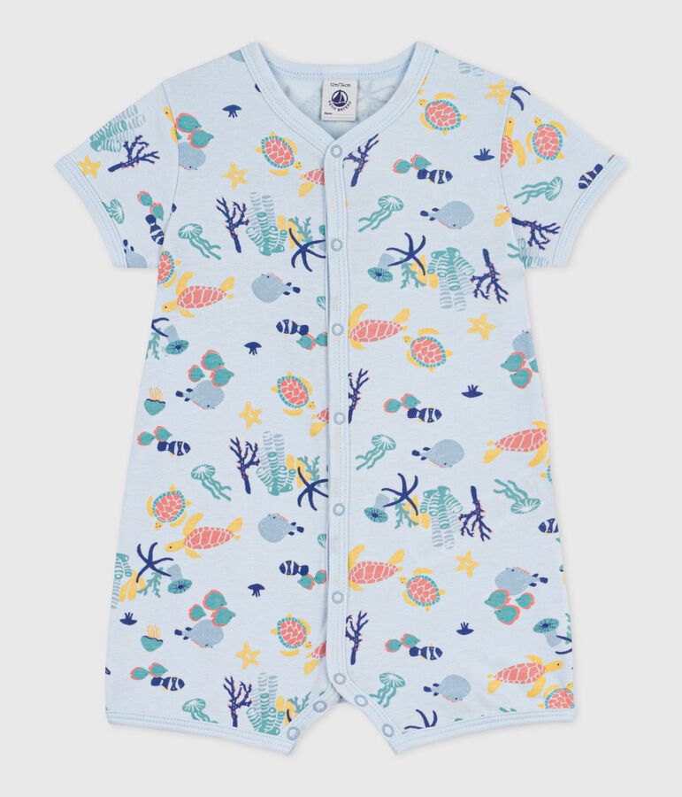 Babies' short cotton jumpsuit with a glow-in-the-dark marine print blue/multicolor