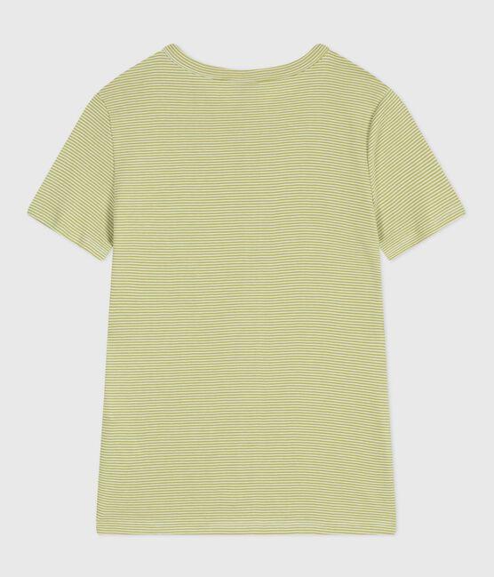 Women's short-sleeved stripy cotton T-shirt MOSS green/MARSHMALLOW