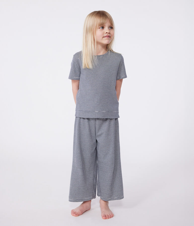 Children's cotton pyjamas with short sleeves and wide stripy legs blue/white