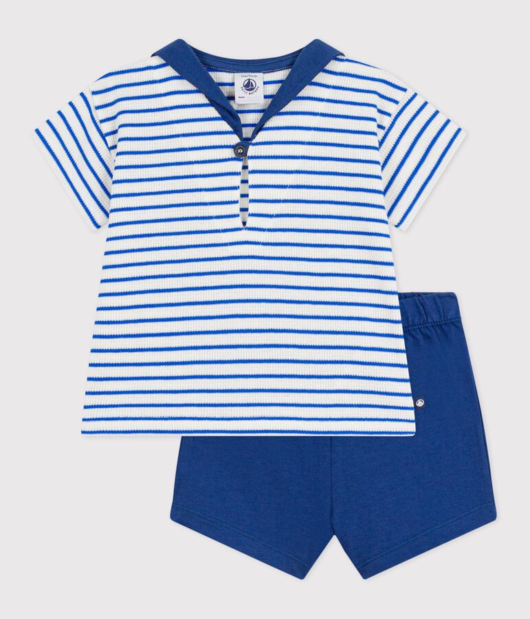 Babies' 2-piece cotton outfit, the T-shirt top has a sailor collar Ecru/blue