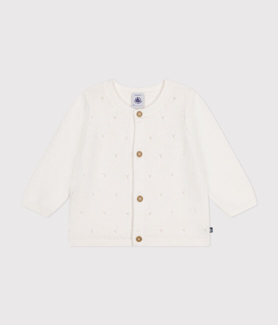 Babies' Openwork Knitted Cotton Cardigan MARSHMALLOW white