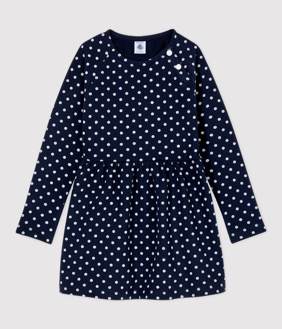Girls' Long-Sleeved Fleece Dress SMOKING blue/MARSHMALLOW white