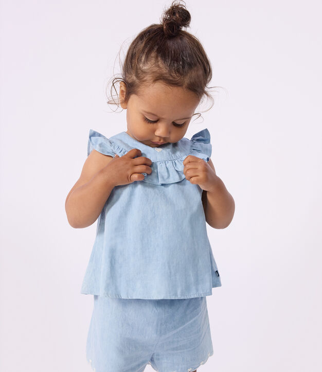 Babies' sleeveless blouse in embroidered cotton chambray blue