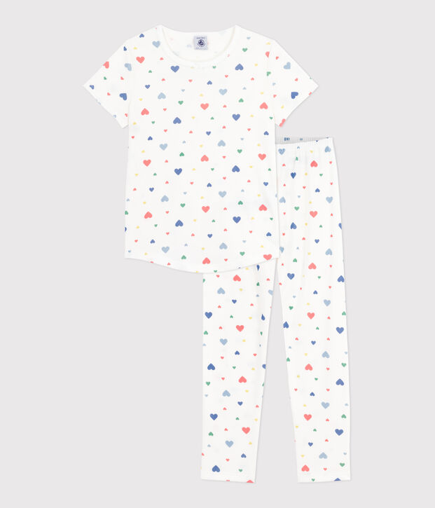 Children's printed cotton pyjamas with short sleeves and long legs white/multicolor