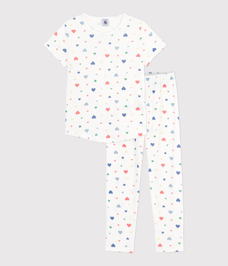 Children's printed cotton pyjamas with short sleeves and long legs white/multicolor
