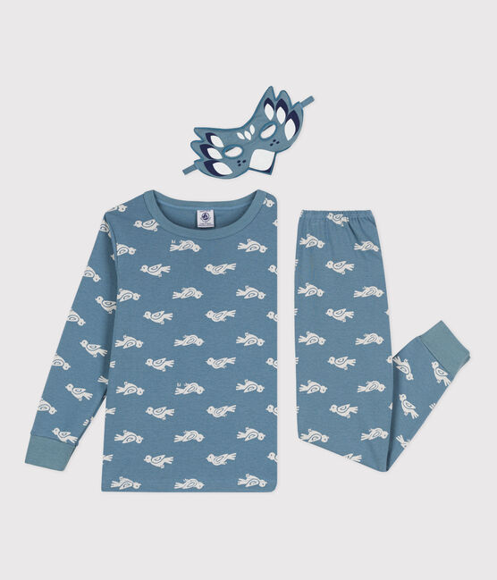 Children's cotton bird-themed pyjamas with a mask ROVER blue/MARSHMALLOW white