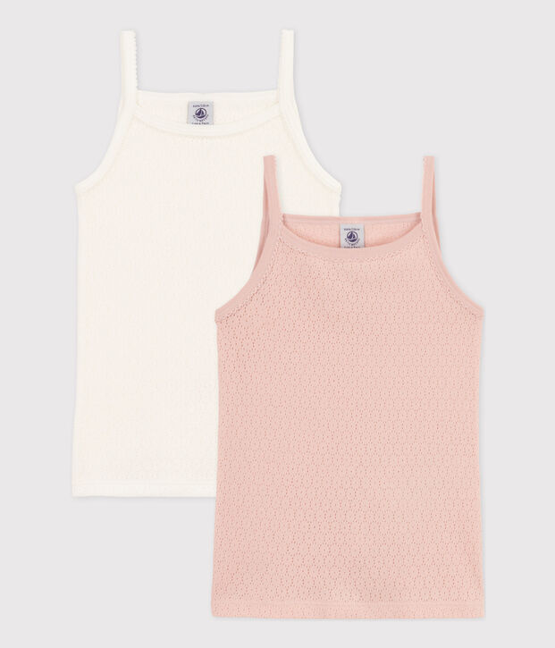 Girls' Plain Cotton Openwork Strappy Vest Tops - 2-Pack multicolor