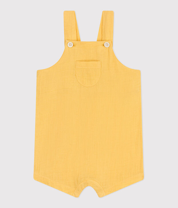 Babies' short-legged plain cotton gauze dungarees yellow