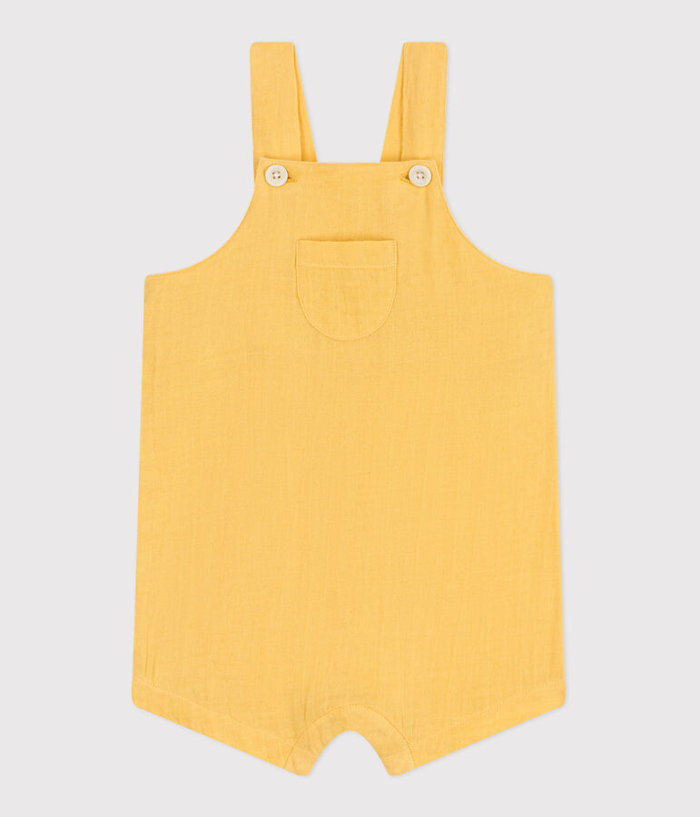 Babies' short-legged plain cotton gauze dungarees yellow