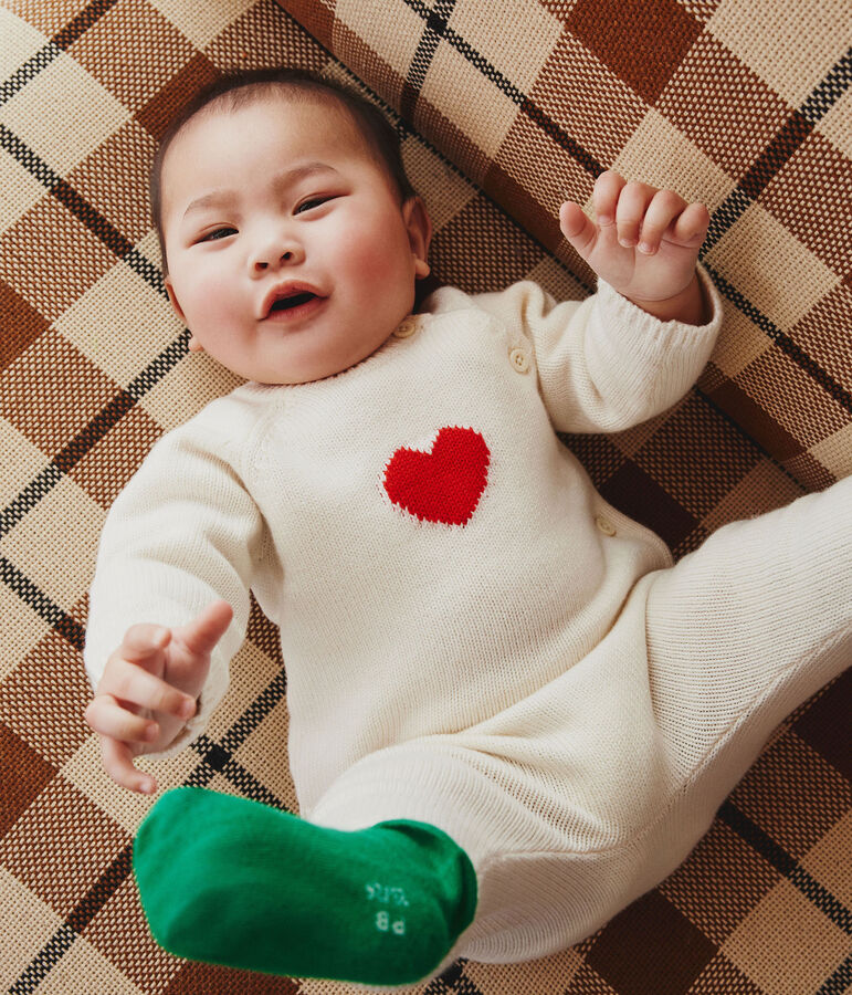 Babies' Wool/Cotton Heart Patterned Knit 2-Piece Outfit white/red