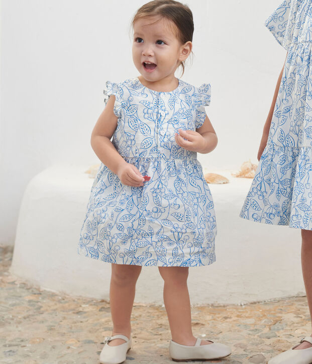 Babies' cotton dress and bloomers with a blue cherry print blue/blue