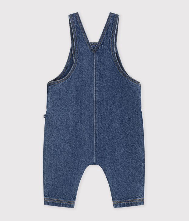Babies' long-leg denim dungarees with a heart-shaped pocket blue
