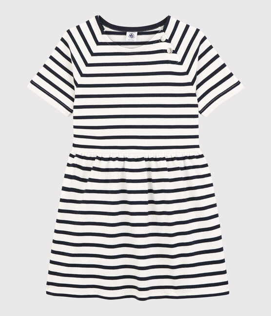 Girls' Short-Sleeved Cotton Dress MARSHMALLOW white/SMOKING blue