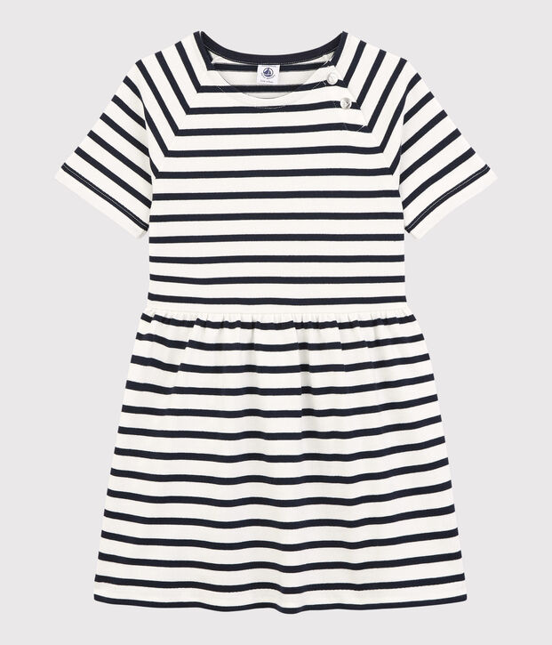Girls' Short-Sleeved Cotton Dress white/blue