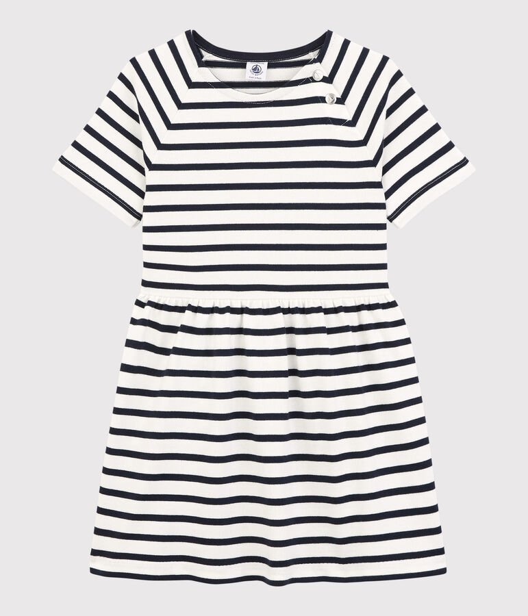 Girls' Short-Sleeved Cotton Dress white/blue